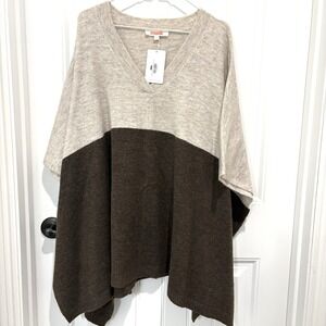 Women's Colorblock Sweater Poncho Medium‎ Brown Neutrals Minimalist Layering